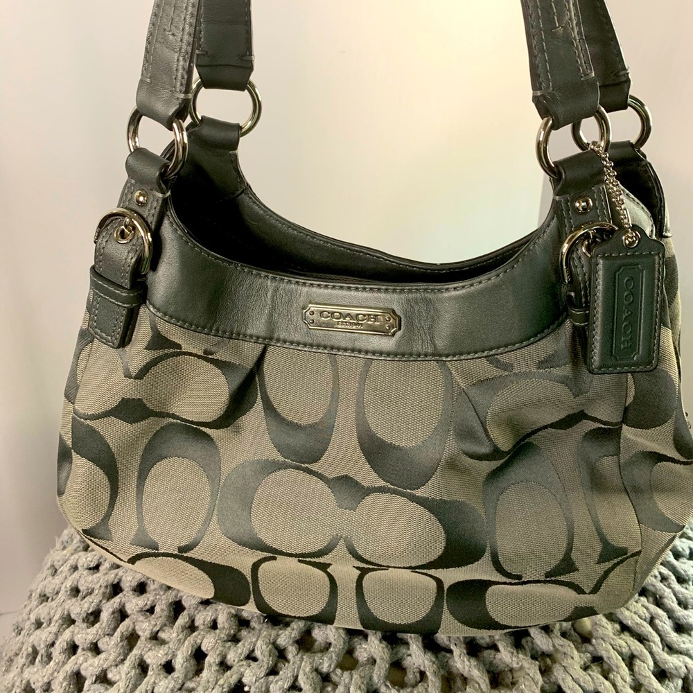 Coach Grey C Fabric and Metallic Grey Leather Shoulder Bag, Three Compartments